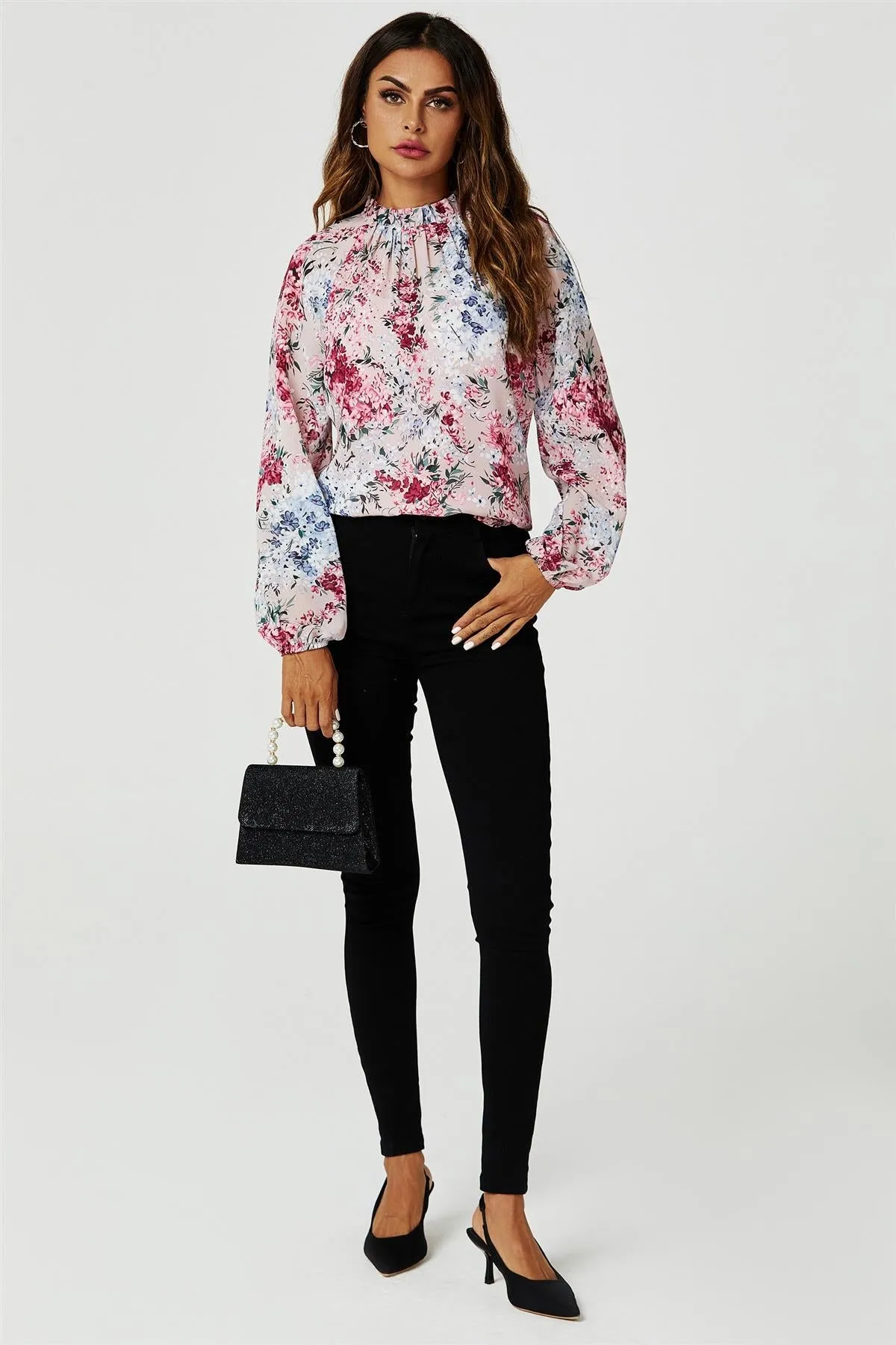 FS Collection Floral Print Long Sleeve Frill High Neck Top In Pink