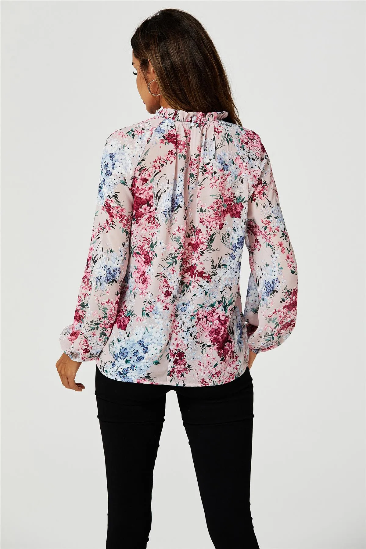 FS Collection Floral Print Long Sleeve Frill High Neck Top In Pink