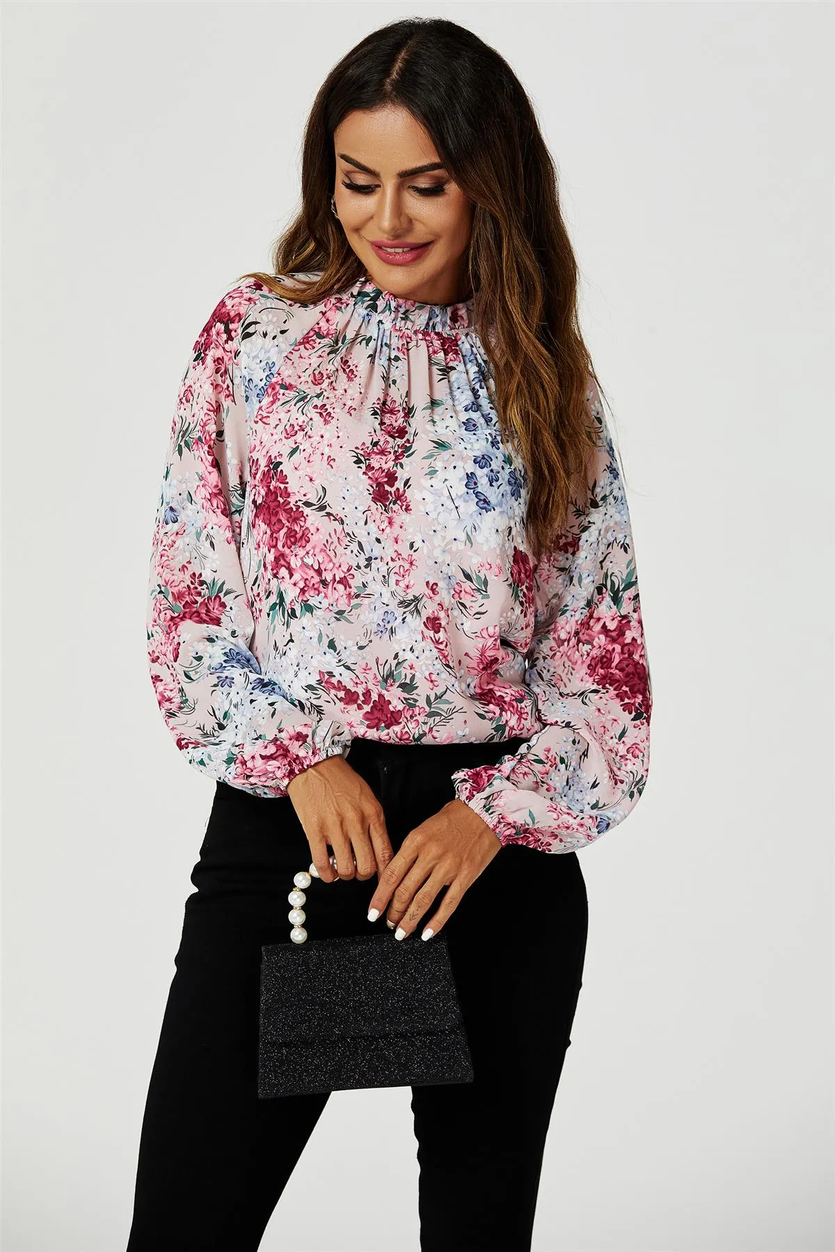 FS Collection Floral Print Long Sleeve Frill High Neck Top In Pink