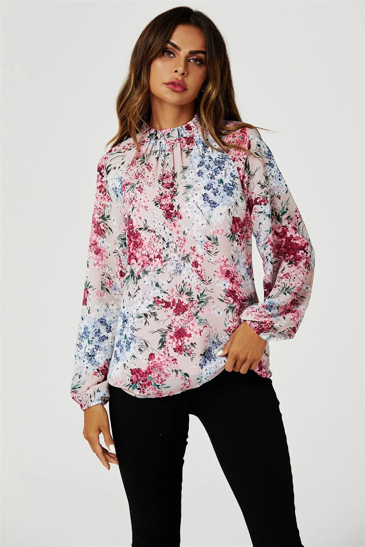 FS Collection Floral Print Long Sleeve Frill High Neck Top In Pink