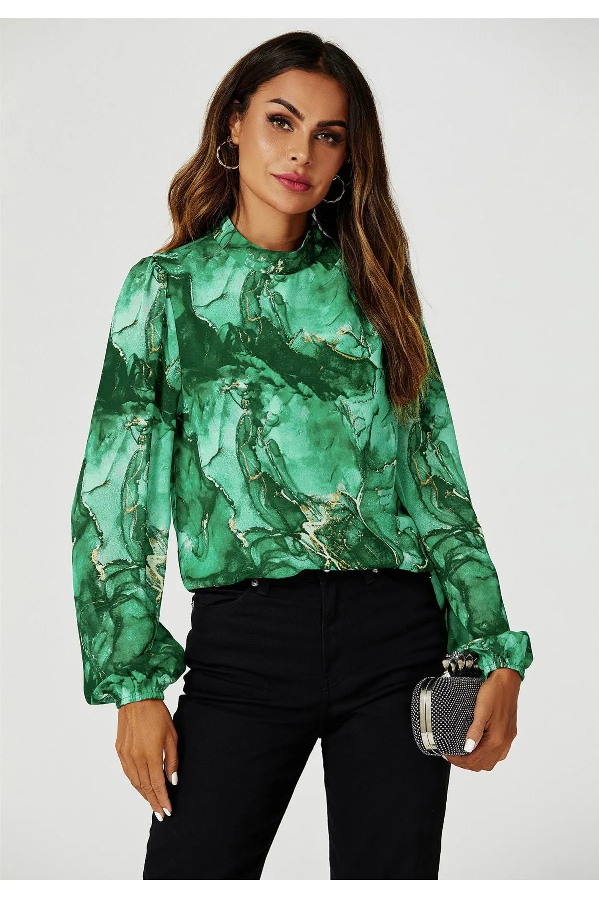 FS Collection Marble Print Long Sleeve High Neck Top In Light Green