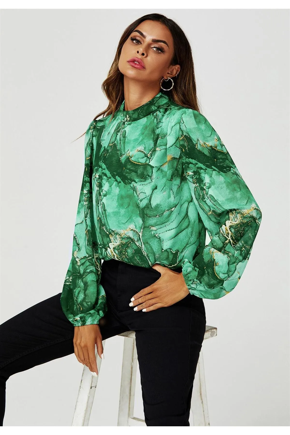 FS Collection Marble Print Long Sleeve High Neck Top In Light Green