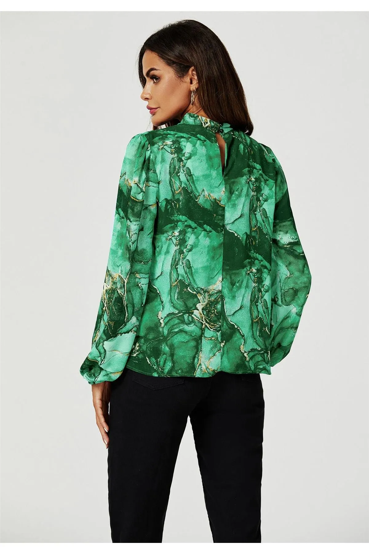 FS Collection Marble Print Long Sleeve High Neck Top In Light Green