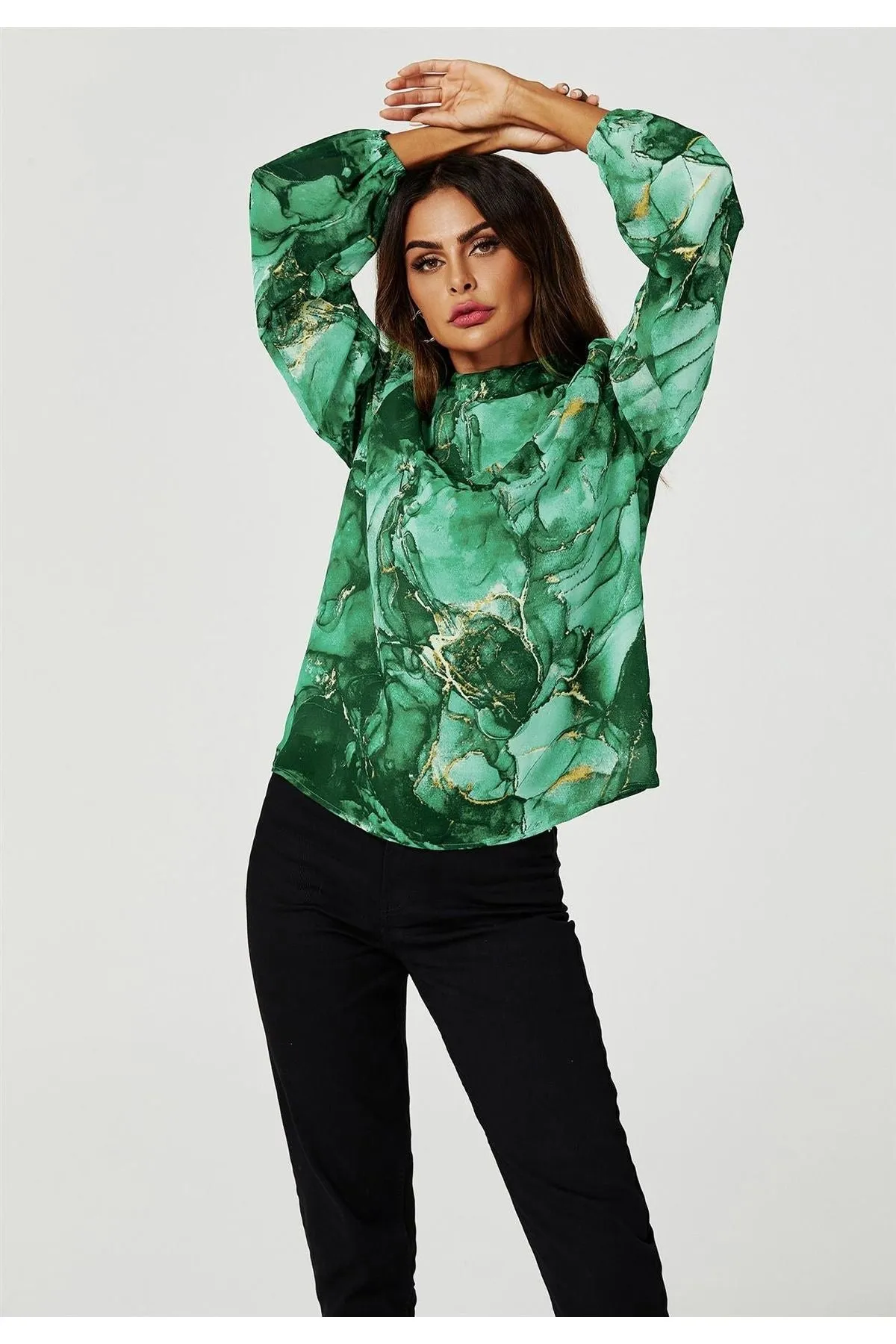 FS Collection Marble Print Long Sleeve High Neck Top In Light Green