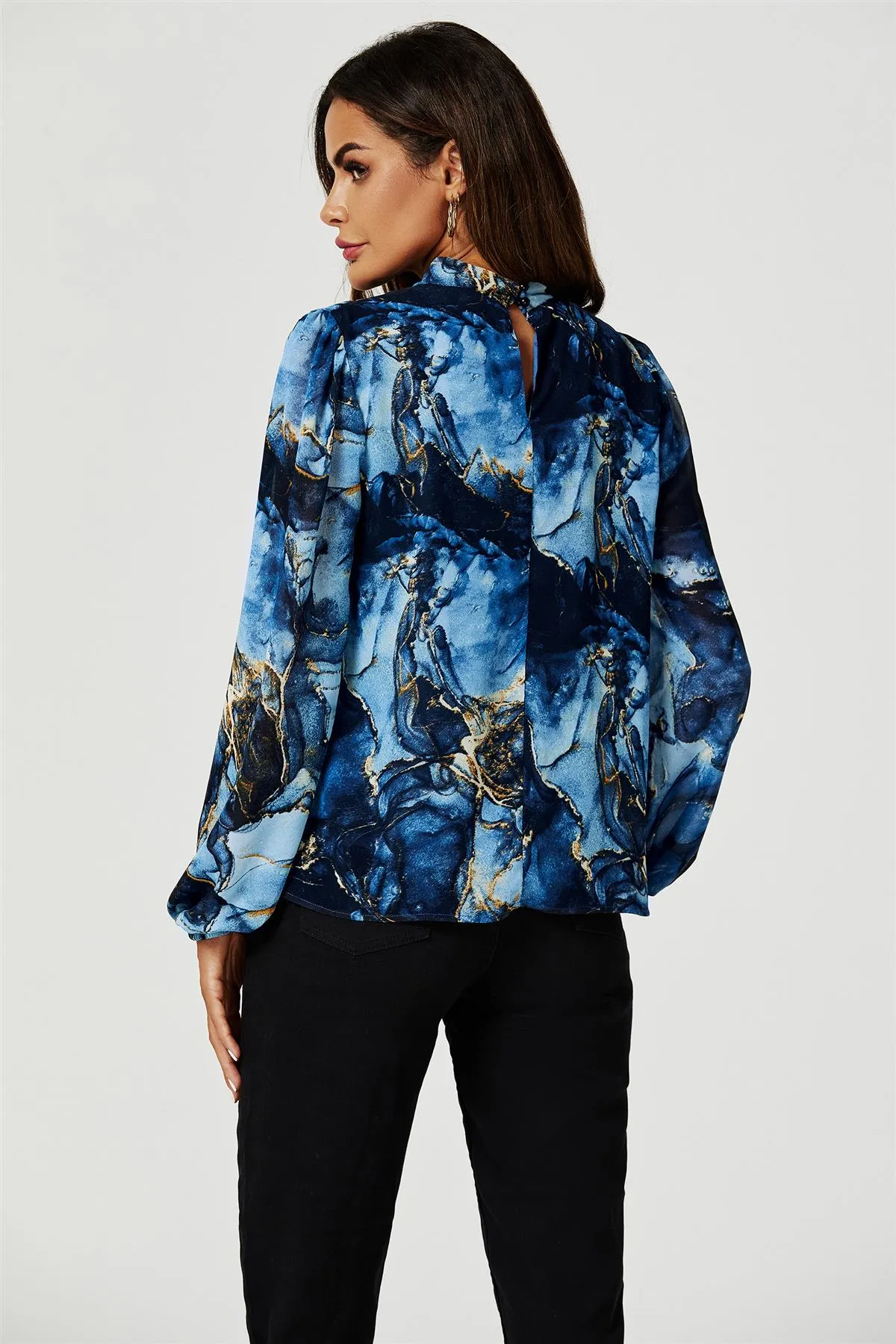 FS Collection Marble Print Long Sleeve High Neck Top In Navy