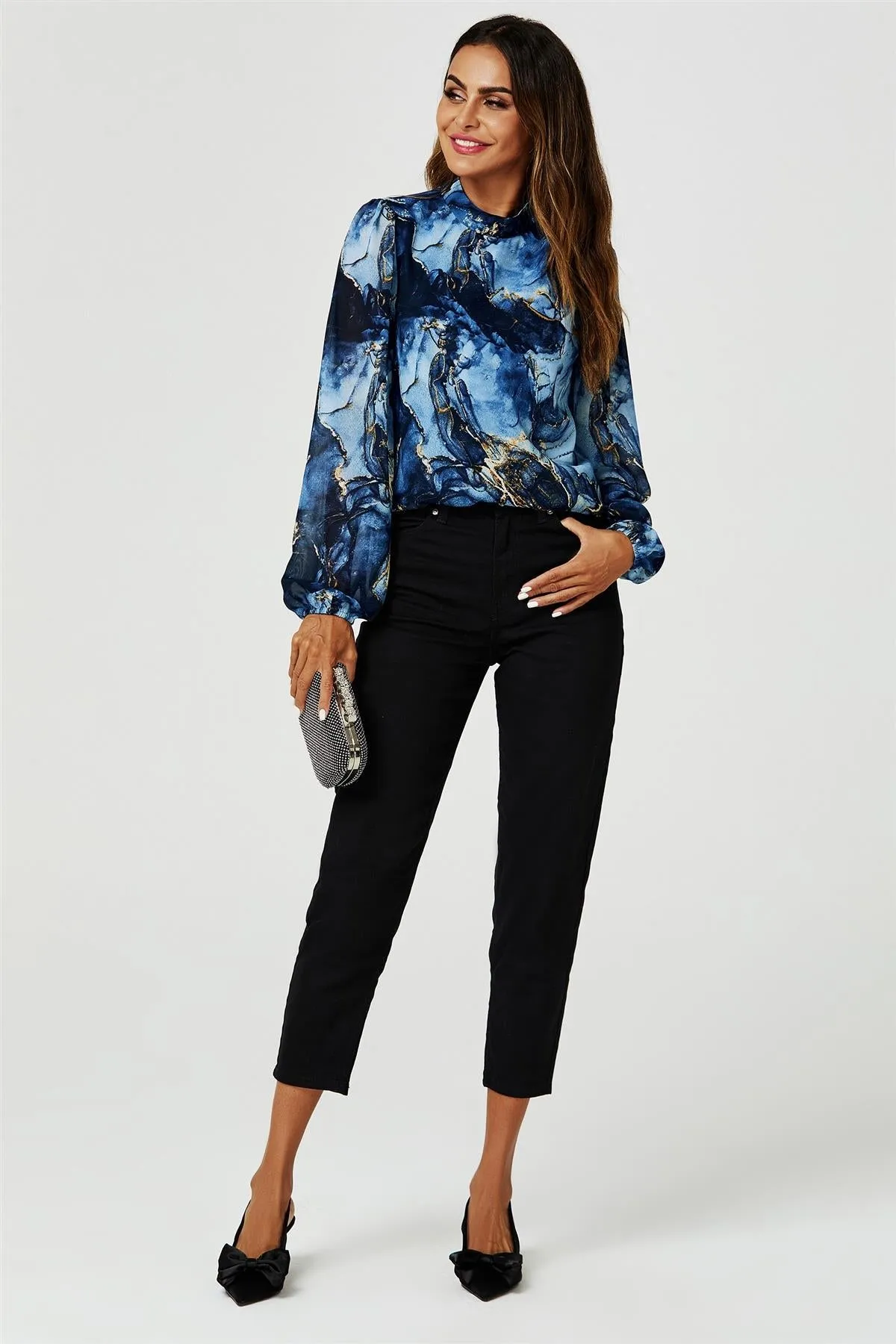 FS Collection Marble Print Long Sleeve High Neck Top In Navy