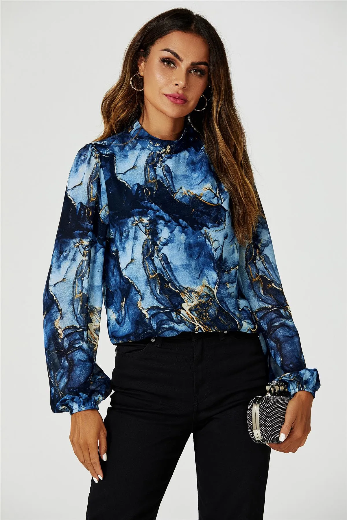 FS Collection Marble Print Long Sleeve High Neck Top In Navy