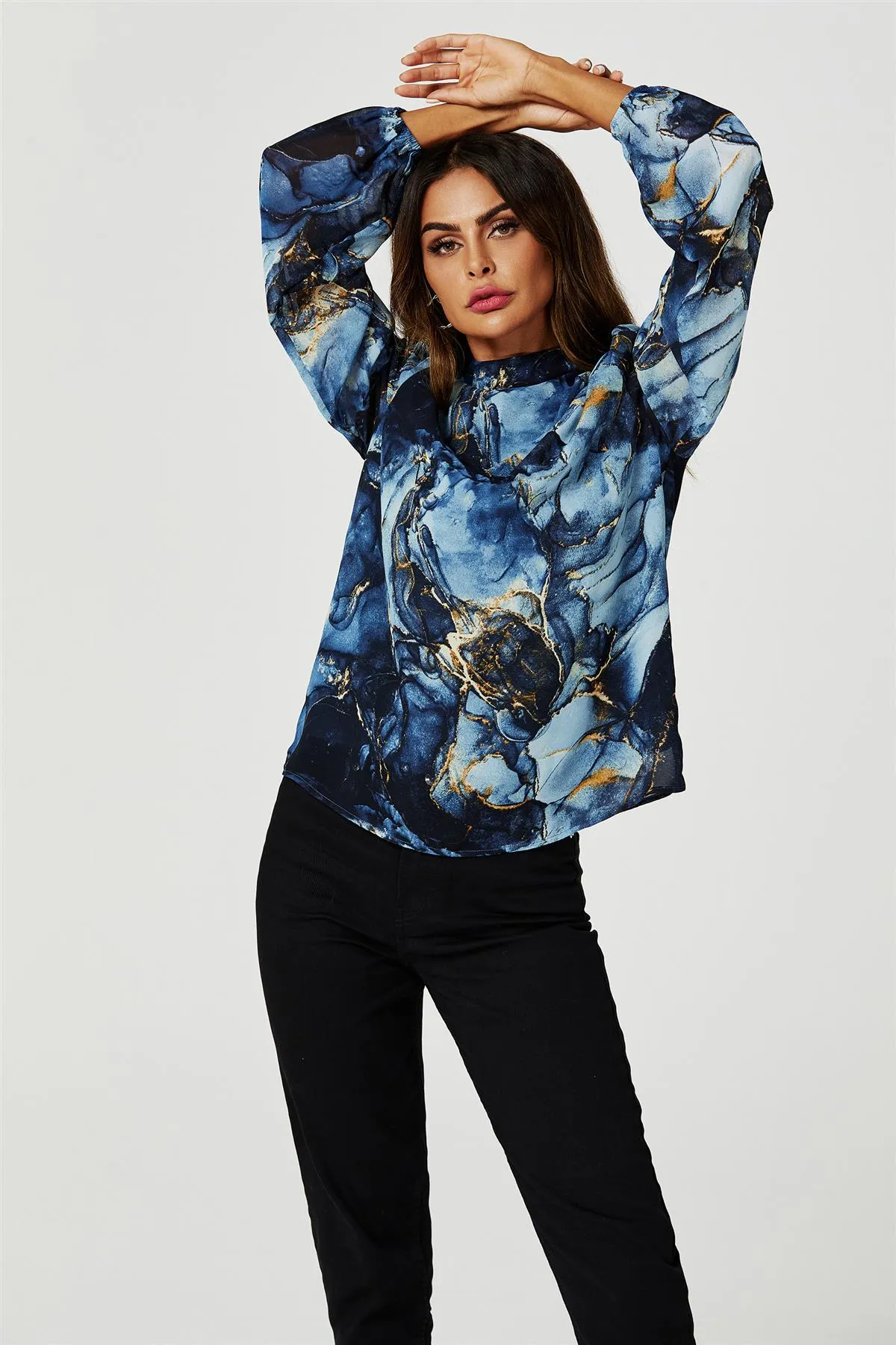 FS Collection Marble Print Long Sleeve High Neck Top In Navy