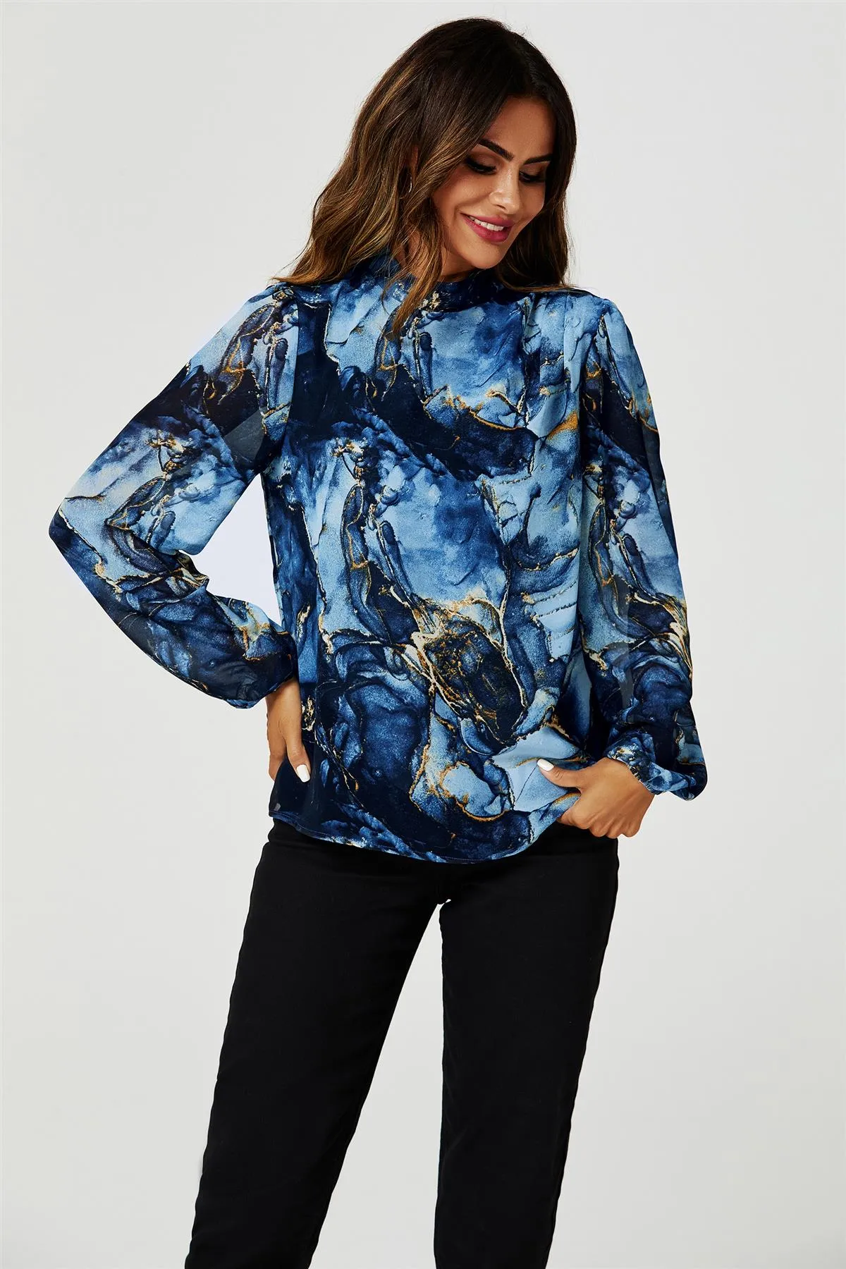 FS Collection Marble Print Long Sleeve High Neck Top In Navy