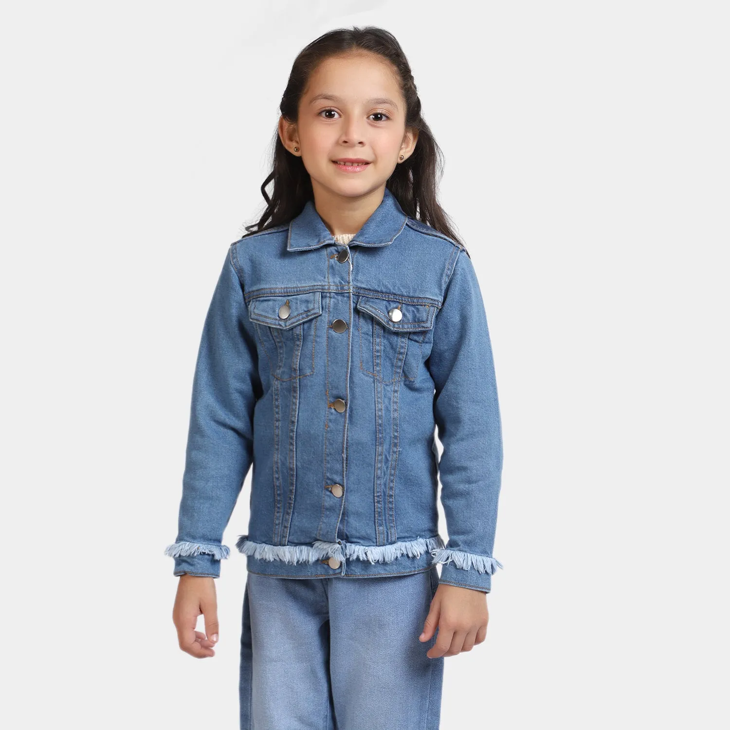 Girls Denim Jacket Fringes-LIGHT BLUE