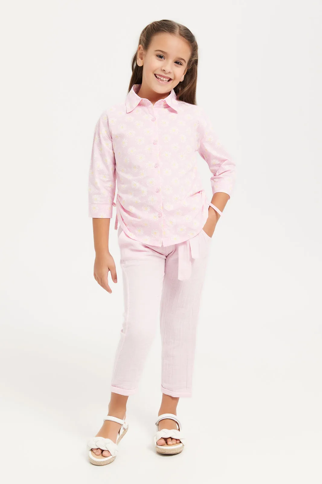 Girls Pink Collar Shirt With Side Drawstrings