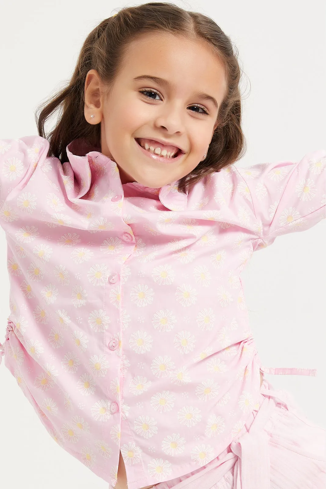 Girls Pink Collar Shirt With Side Drawstrings