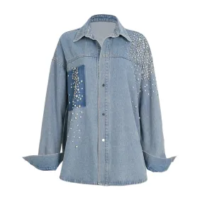 Glittering Rhinestone Long Sleeve Collared Button Front Oversized Denim Shirt