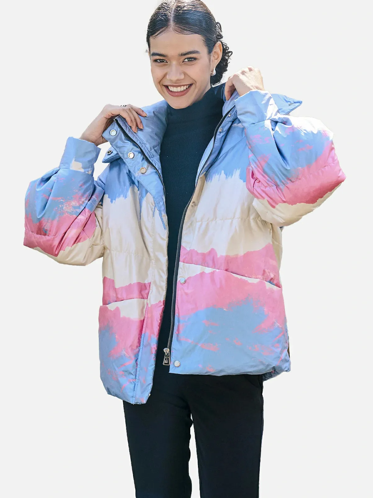 Gradient Printed Hooded Goose Down Jacket