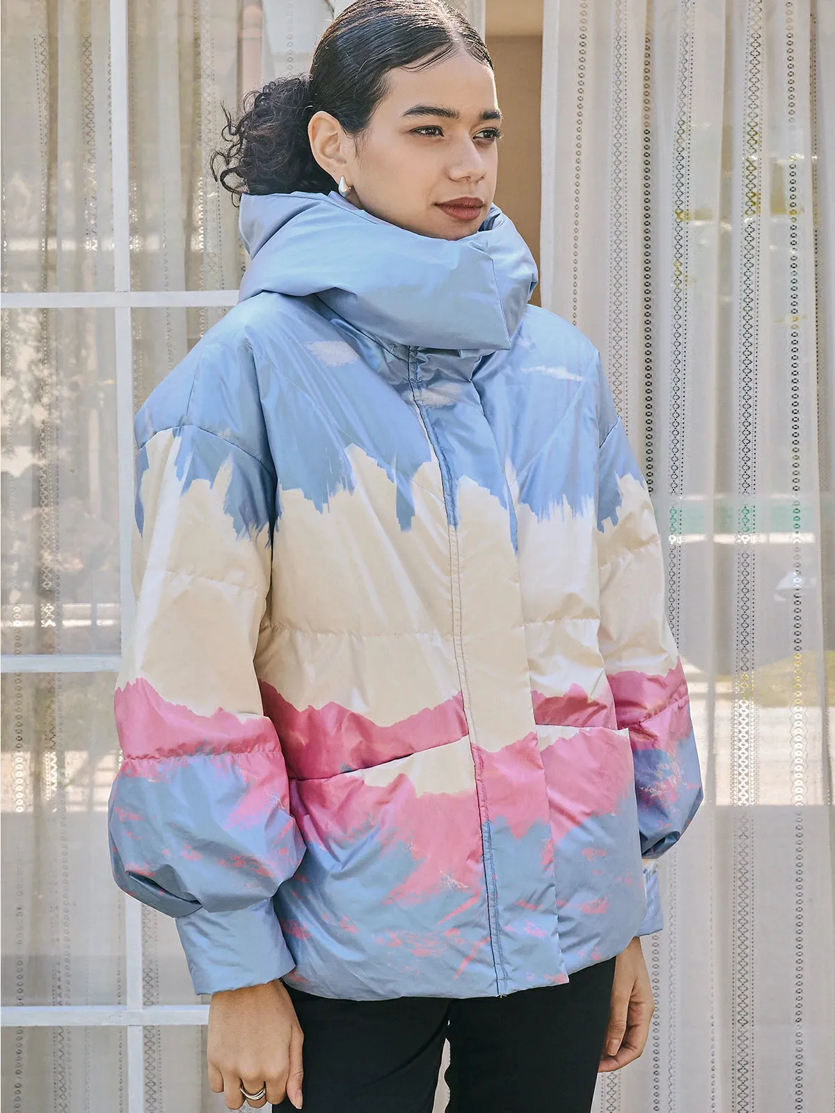 Gradient Printed Hooded Goose Down Jacket