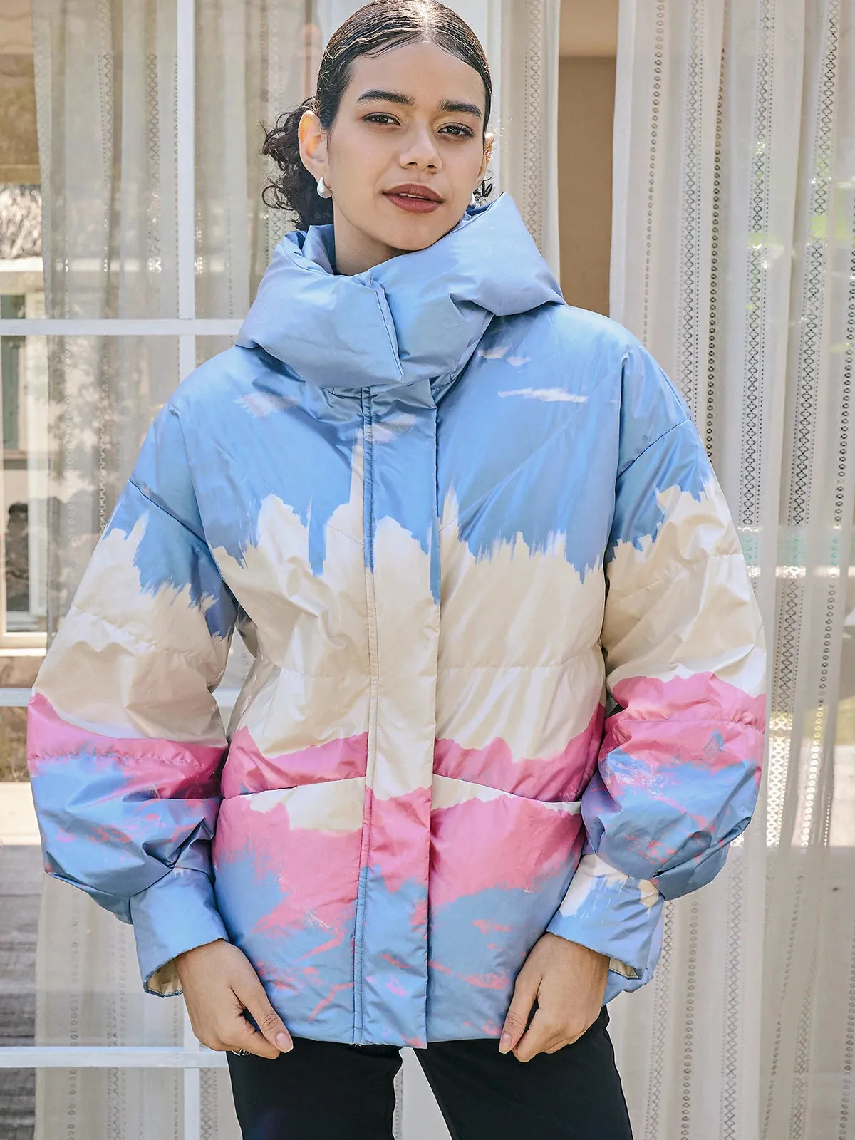 Gradient Printed Hooded Goose Down Jacket