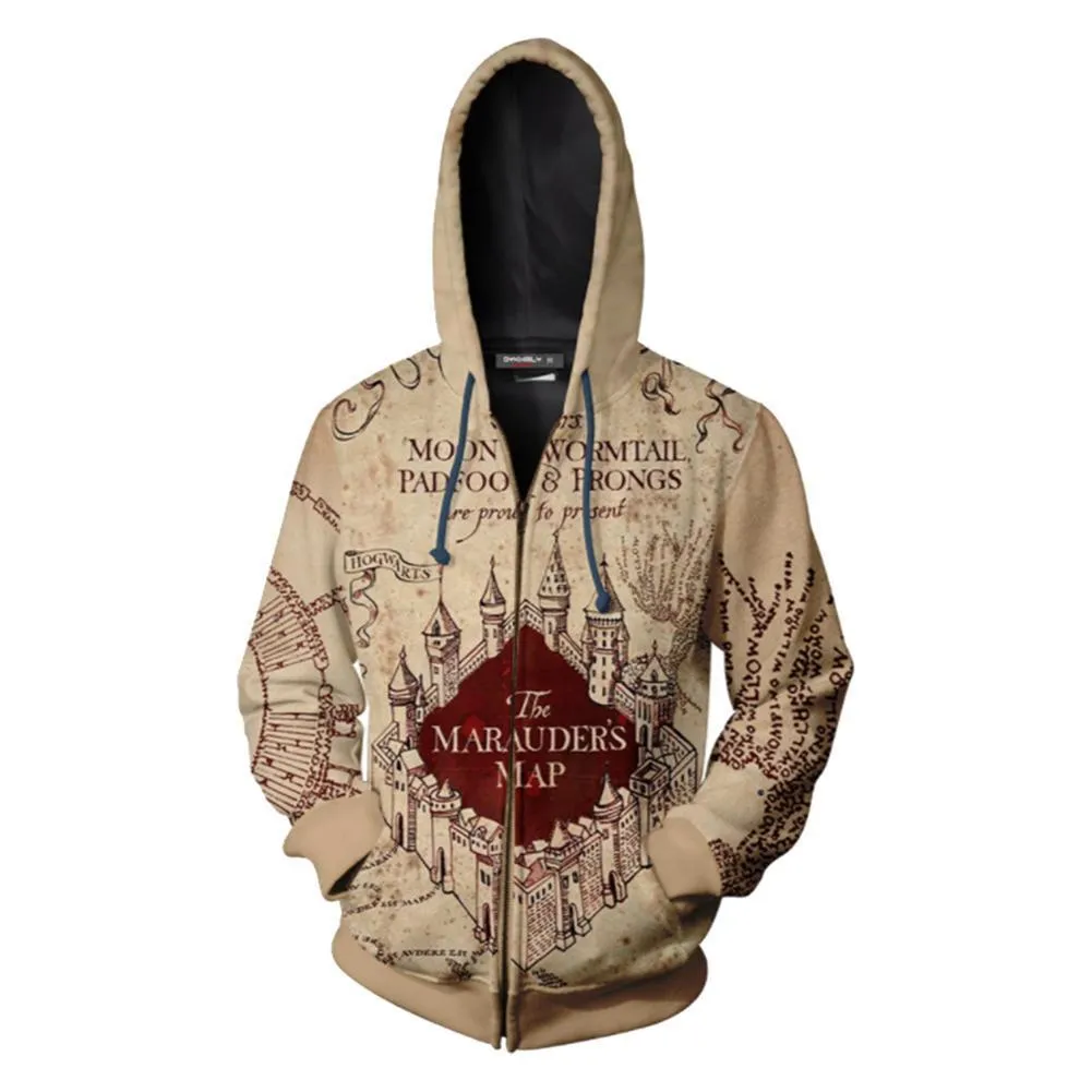 Harry Potter Hoodies The Marauder's Map Adult Unisex Printed Zip Up Jacket Sweatshirt