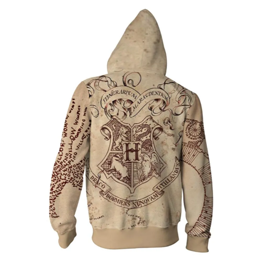 Harry Potter Hoodies The Marauder's Map Adult Unisex Printed Zip Up Jacket Sweatshirt