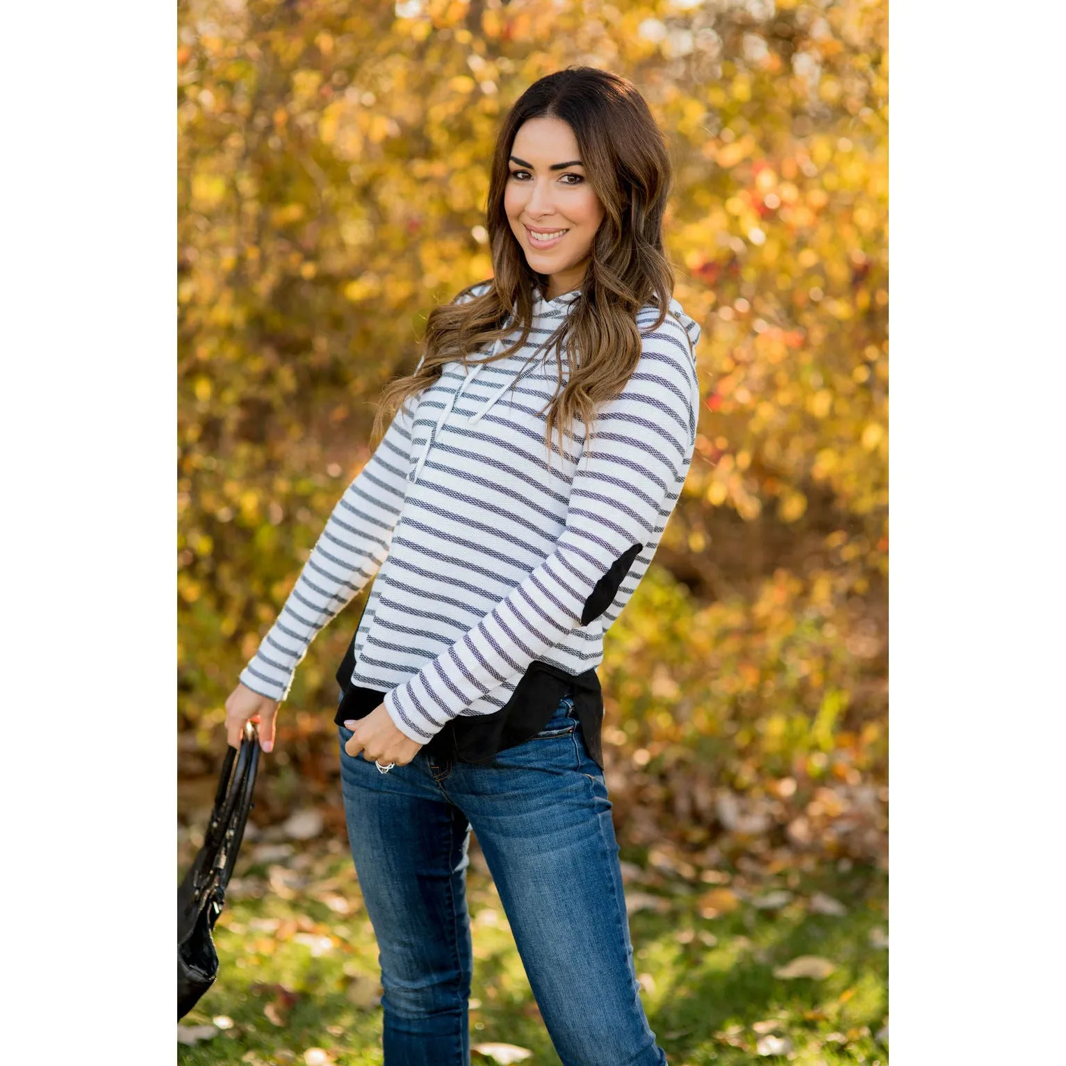 Heavily Trimmed Striped Elbow Patch Hoodie