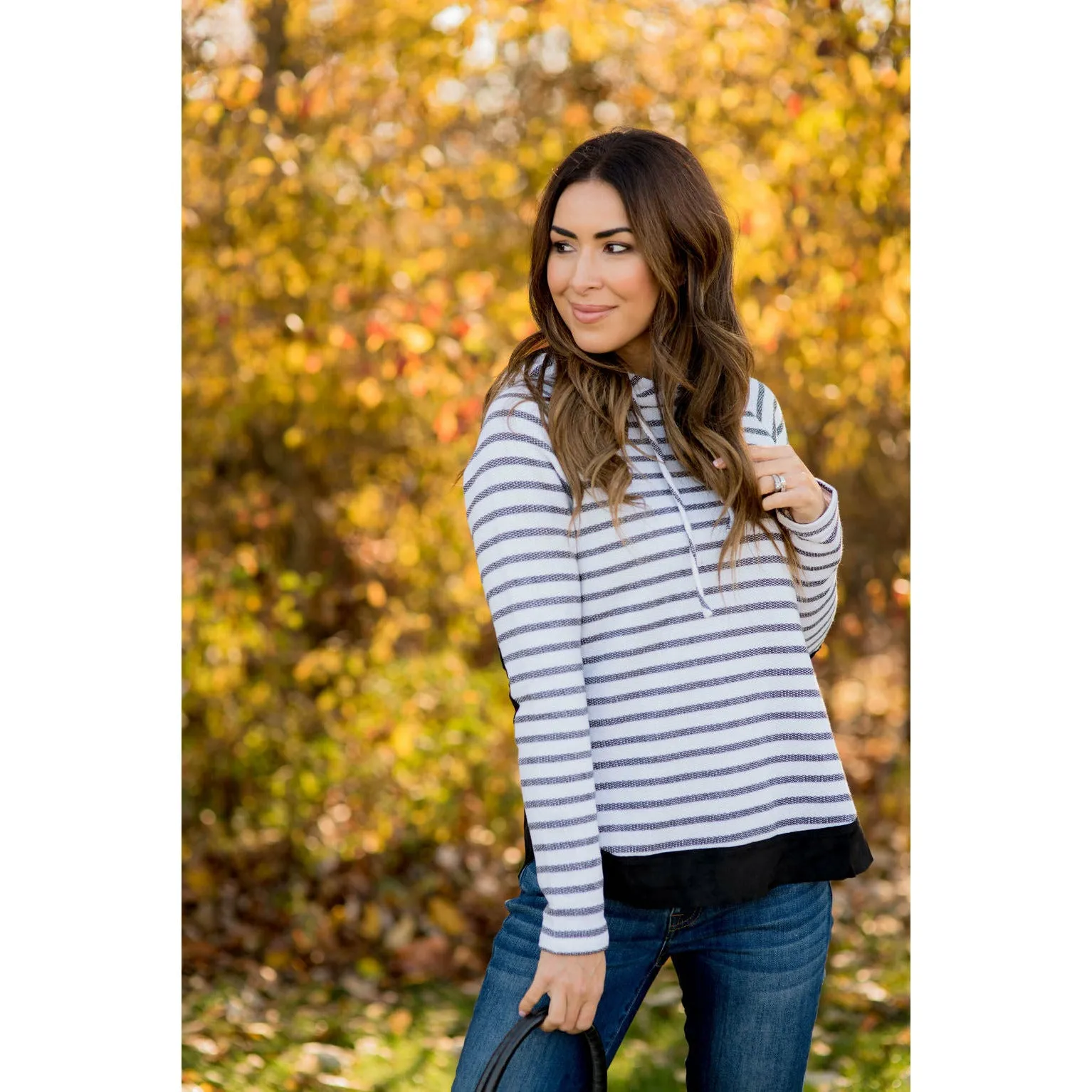 Heavily Trimmed Striped Elbow Patch Hoodie