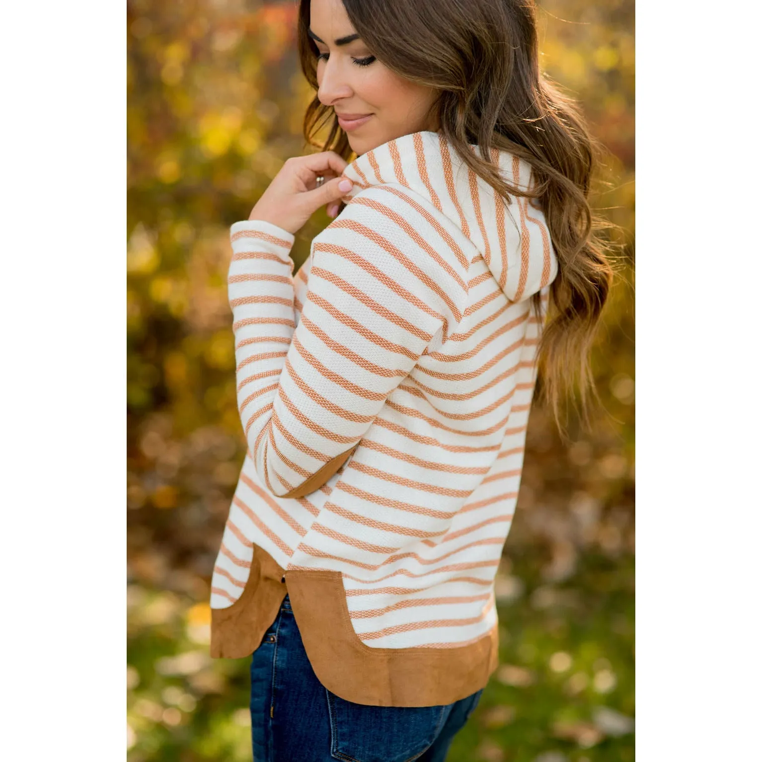 Heavily Trimmed Striped Elbow Patch Hoodie