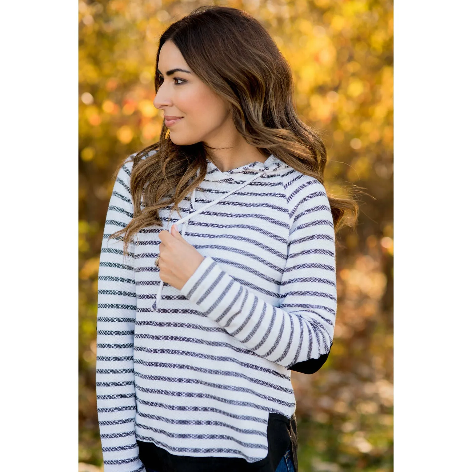 Heavily Trimmed Striped Elbow Patch Hoodie