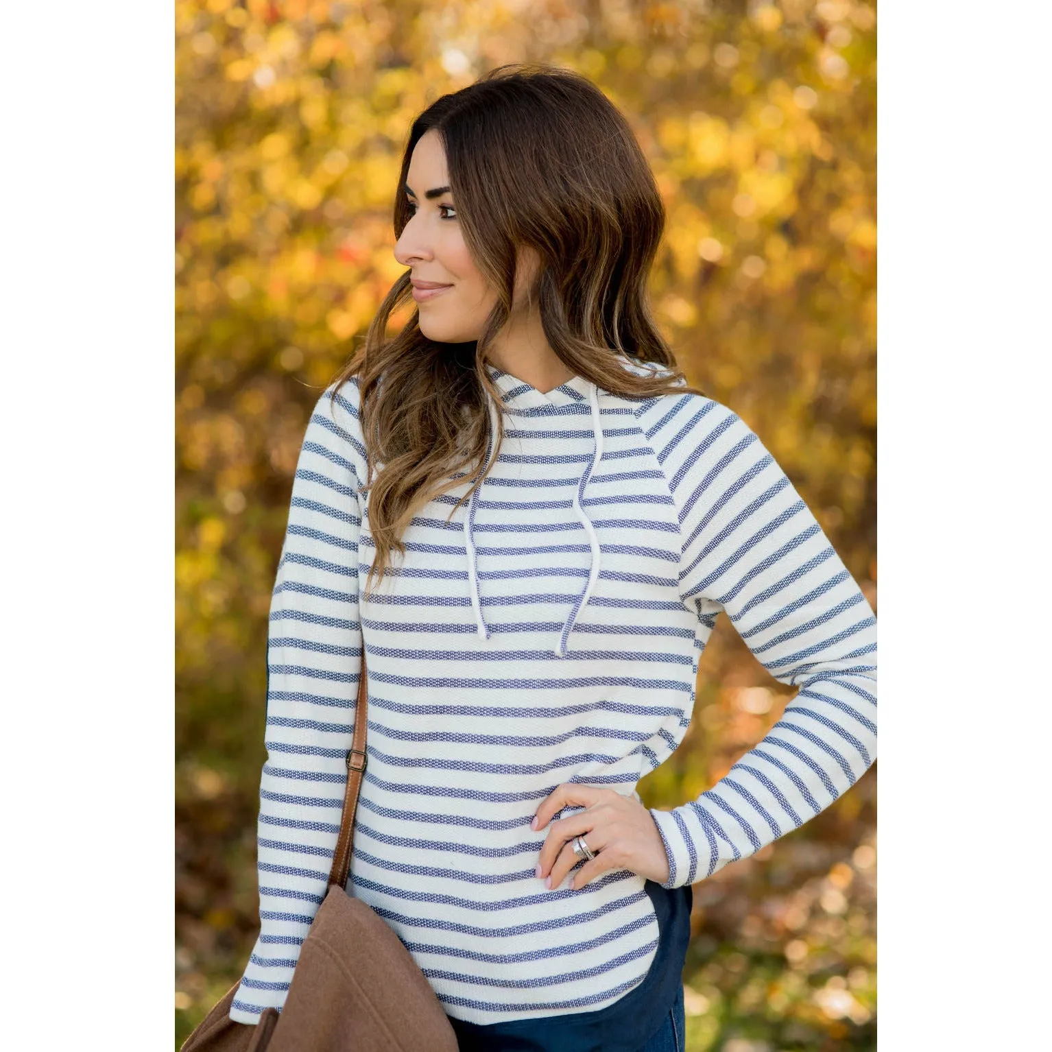 Heavily Trimmed Striped Elbow Patch Hoodie