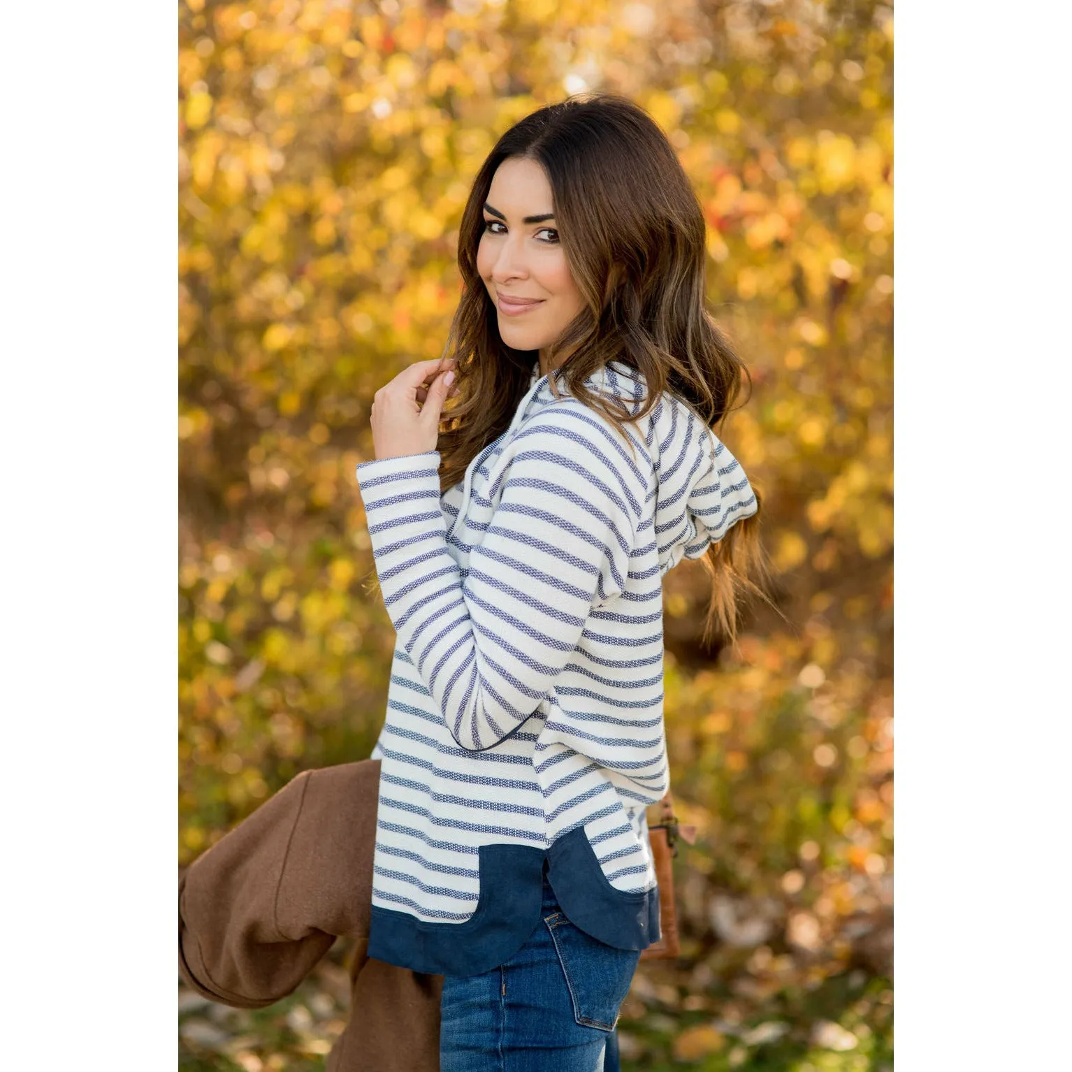 Heavily Trimmed Striped Elbow Patch Hoodie