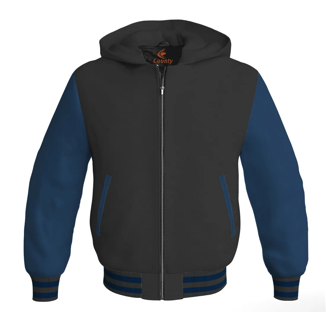 Hoodies For Men Black Body and Navy Blue Leather Sleeves Varsity Hoodie