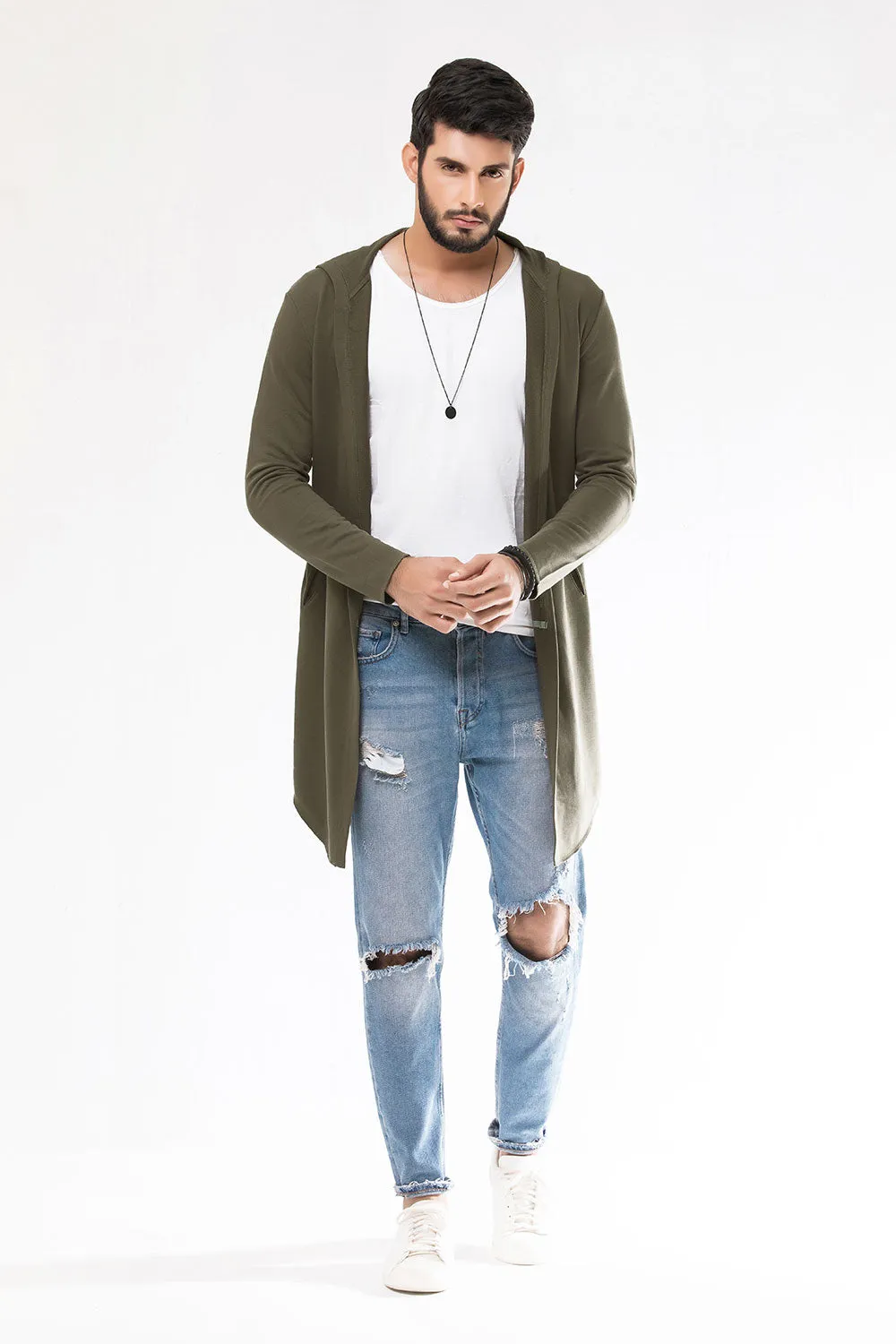 Khaki Green Long Line Hoodie