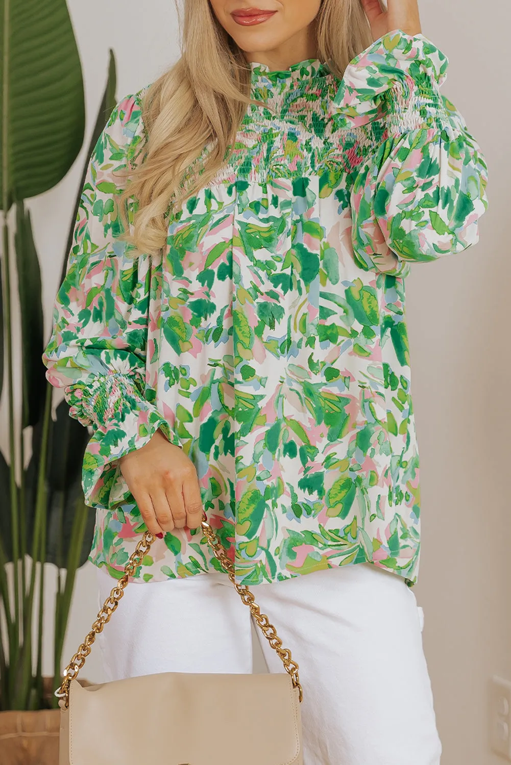 Leafy Shirred Mock Neck Blouse