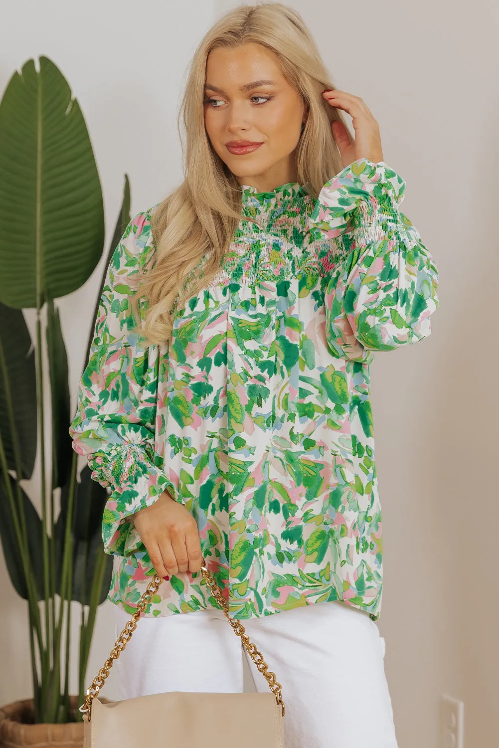 Leafy Shirred Mock Neck Blouse