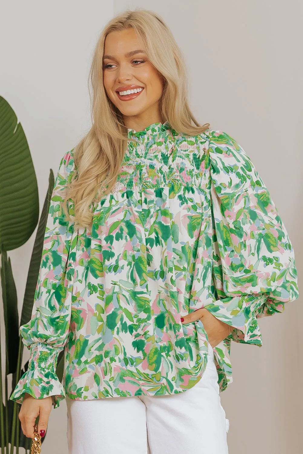 Leafy Shirred Mock Neck Blouse