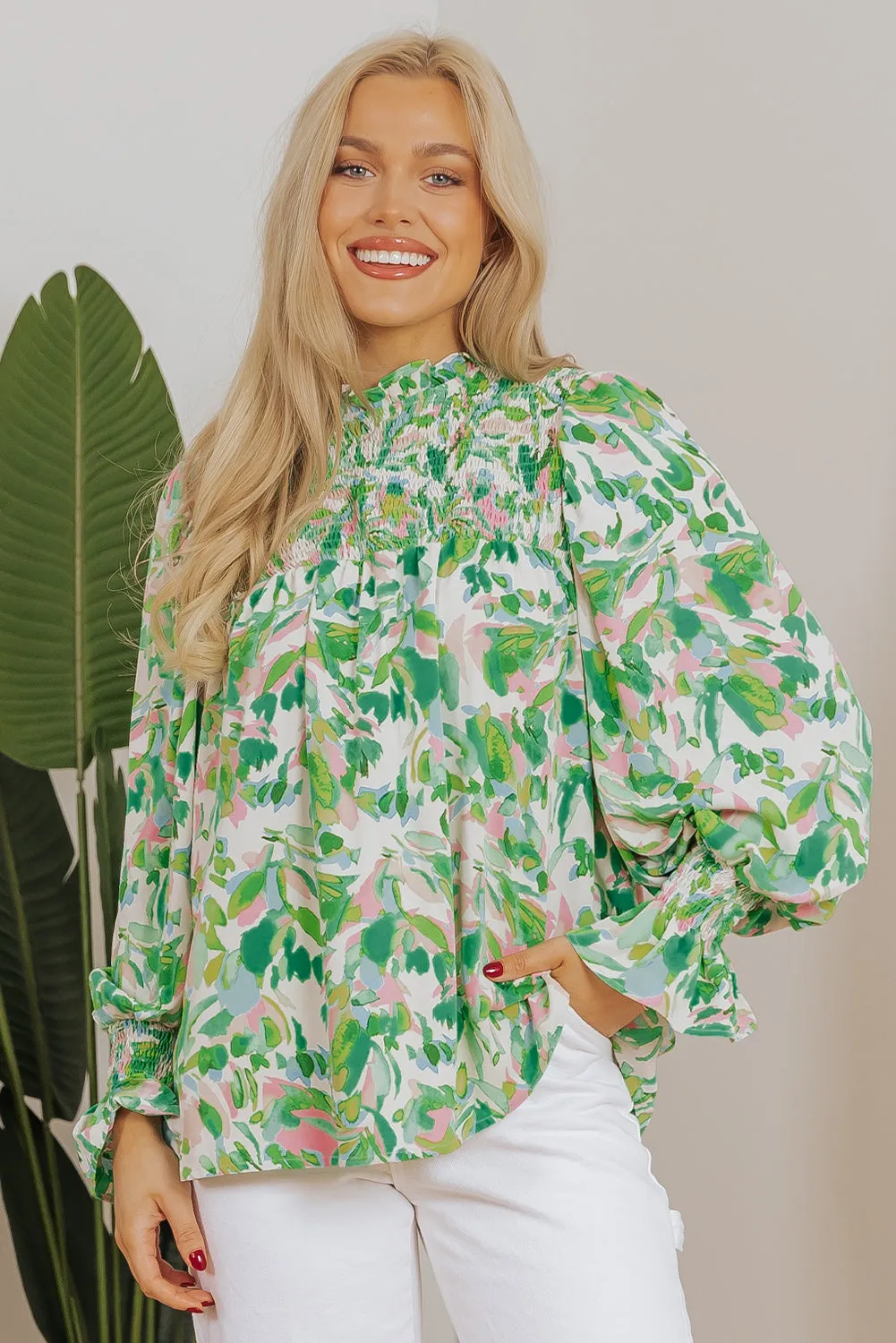 Leafy Shirred Mock Neck Blouse