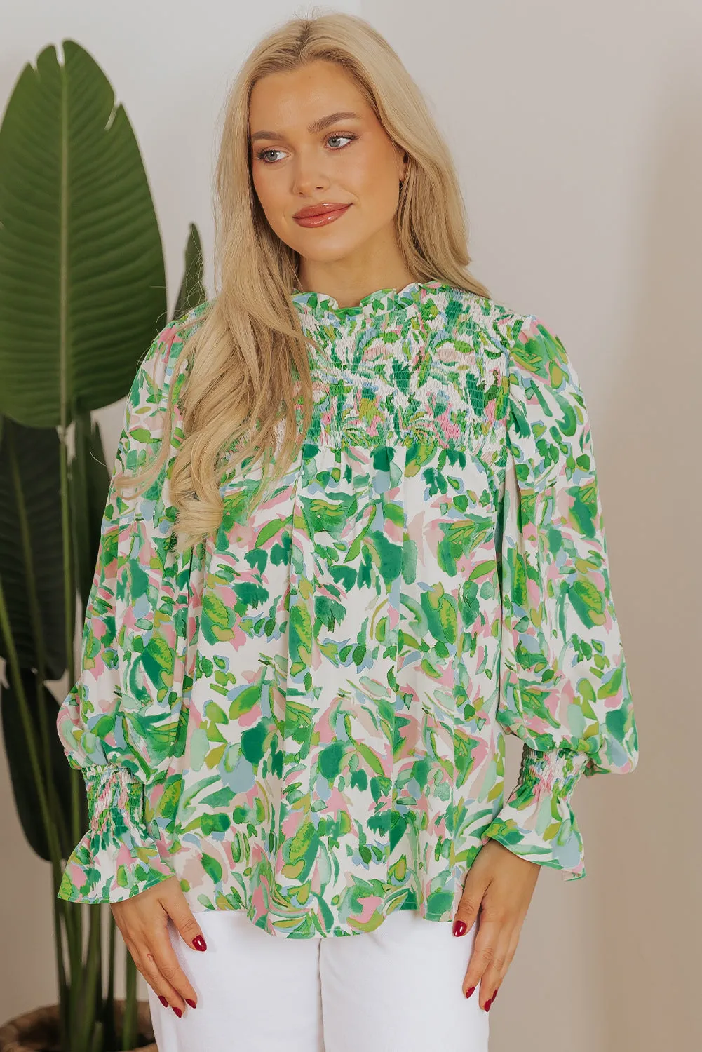 Leafy Shirred Mock Neck Blouse