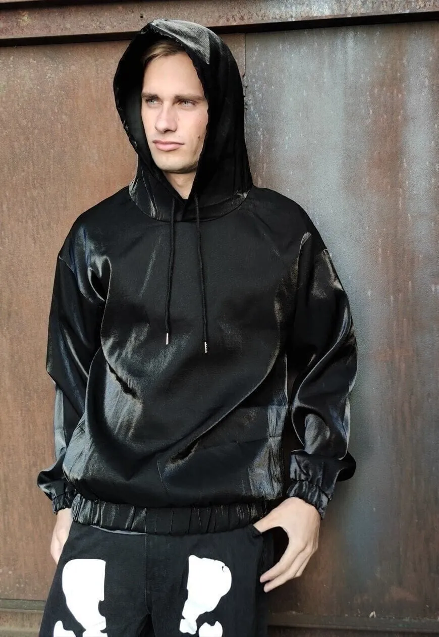 Luminous shiny hoodie shiny silver fabric raver hooded top