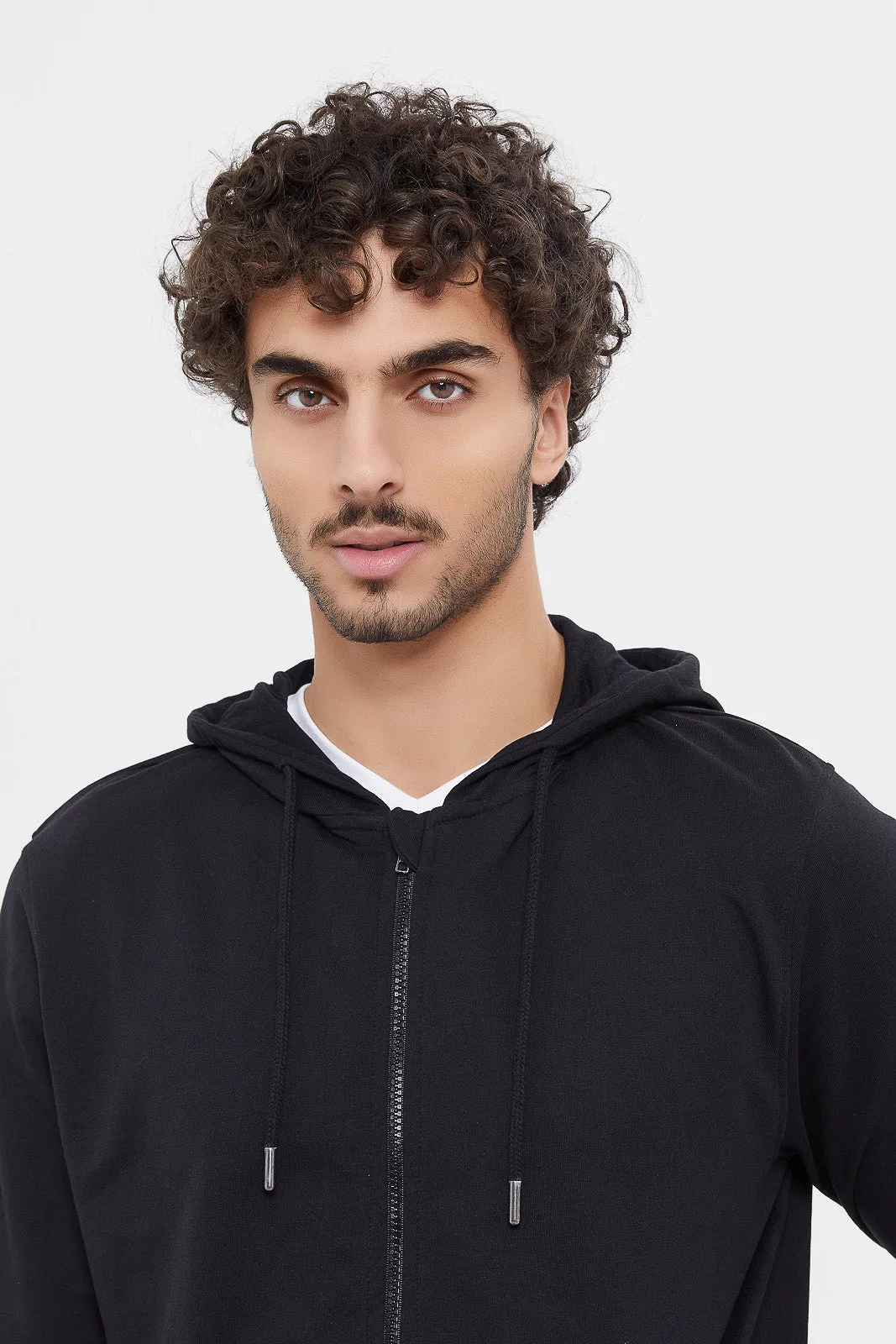 Men Black Zip Hooded Sweatshirt