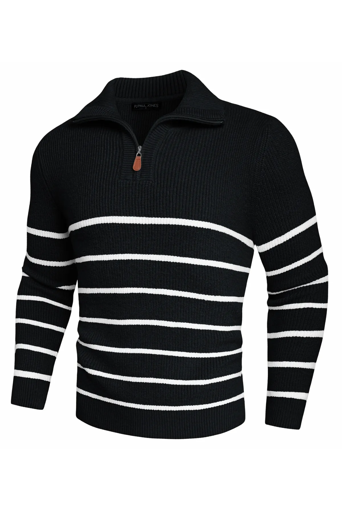 Men Striped Sweater Long Sleeve Lapel Collar Zip-up Neck Pullover