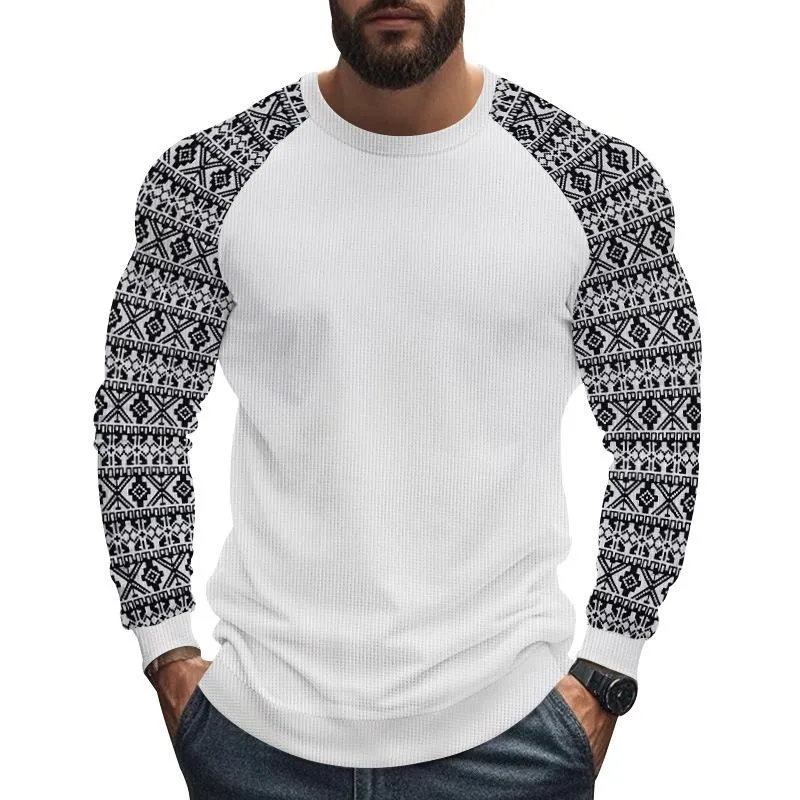 Men's Casual Waffle Print Patchwork Slim Fit Long Sleeve T-shirt 47317270M