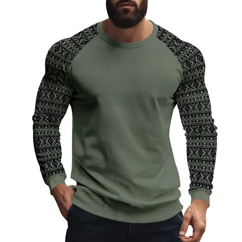 Men's Casual Waffle Print Patchwork Slim Fit Long Sleeve T-shirt 47317270M