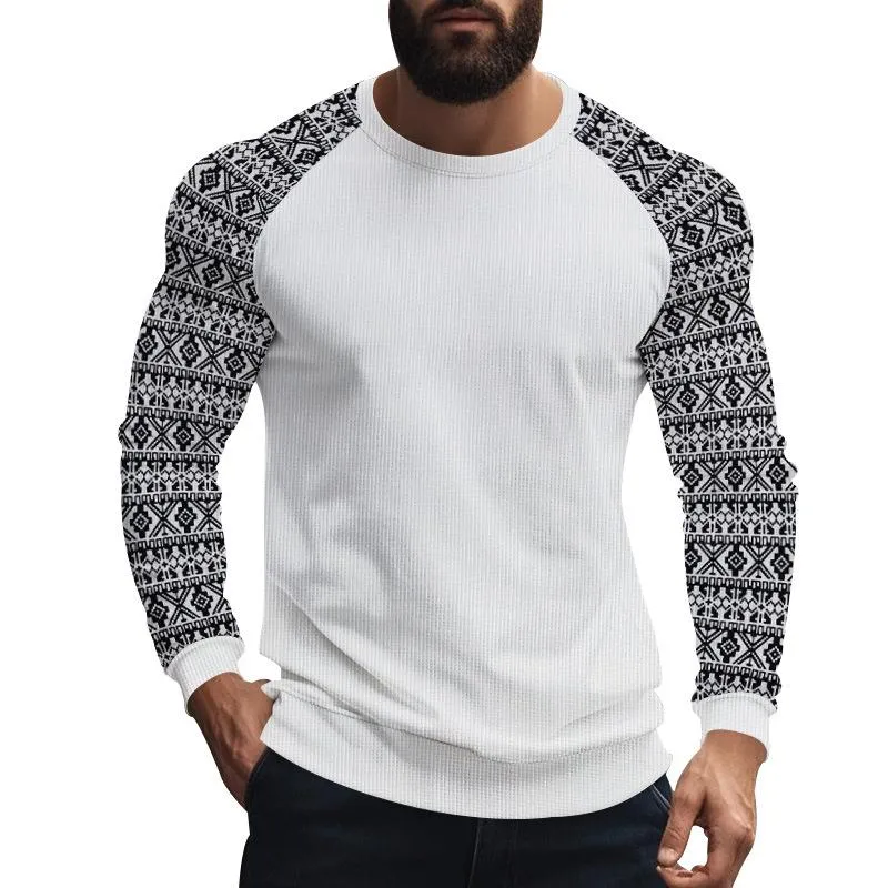 Men's Casual Waffle Print Patchwork Slim Fit Long Sleeve T-shirt 47317270M