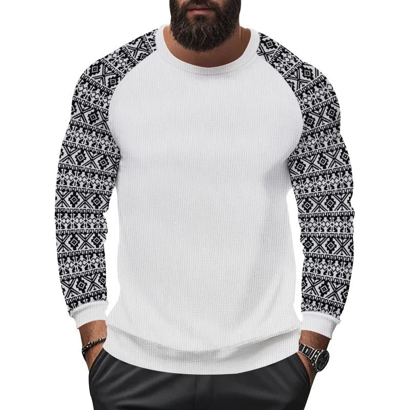 Men's Casual Waffle Print Patchwork Slim Fit Long Sleeve T-shirt 47317270M