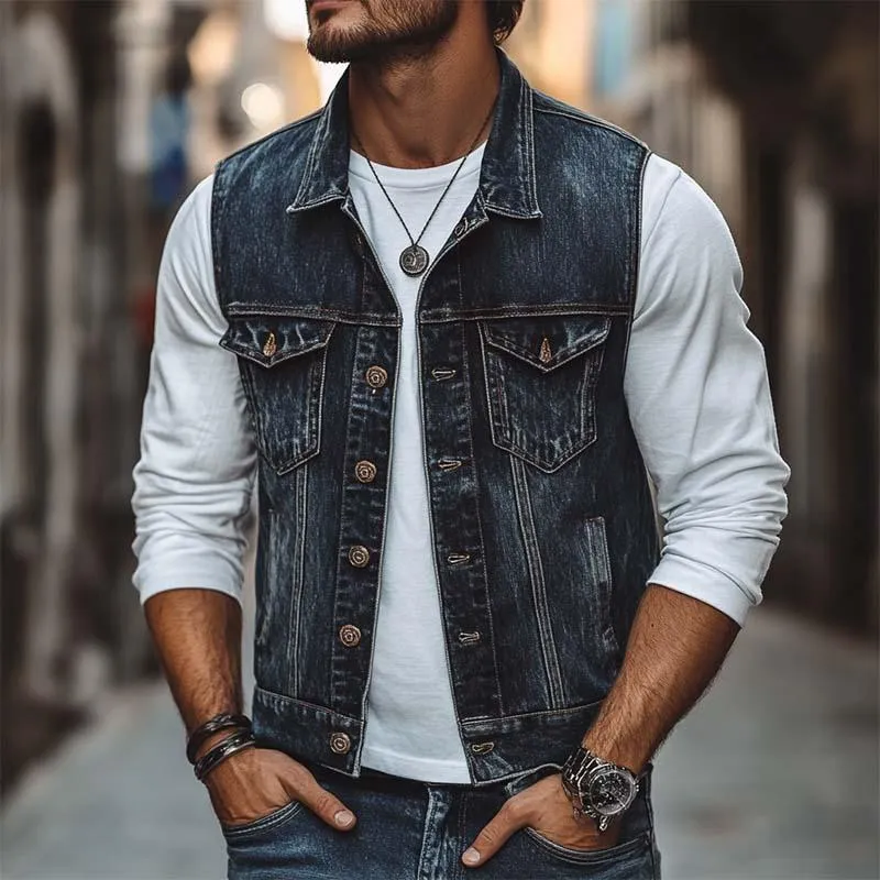 Men's Classic Casual Washed Distressed Denim Vest 78365800K