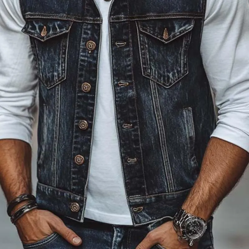 Men's Classic Casual Washed Distressed Denim Vest 78365800K