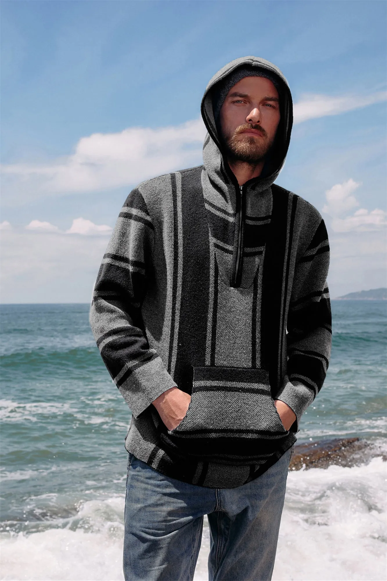 Men's Hoodie Sweater Quarter Zip Stylish Cable Knit Pullover Sweater