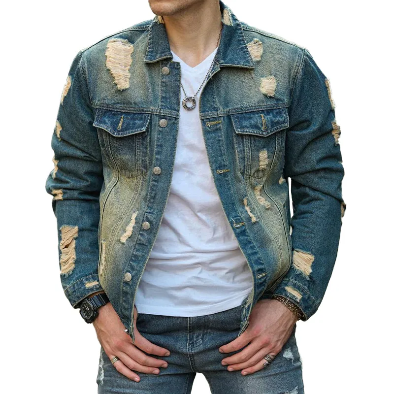 Men's Vintage Ripped Lapel Denim Jacket 97846774X