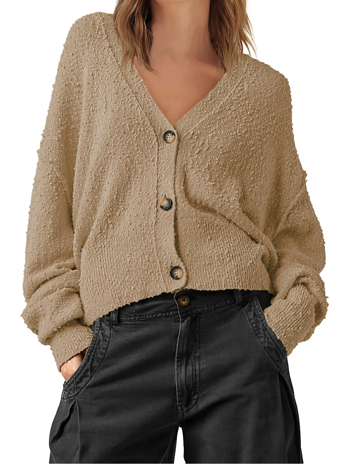 MEROKEETY Long Sleeve Button Open Front Cropped Sweater Cardigan