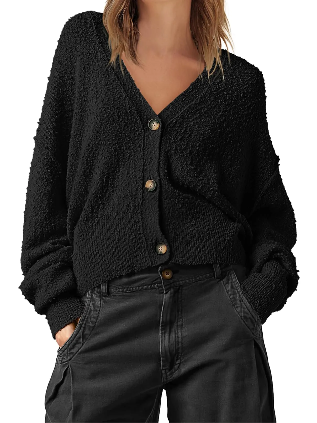 MEROKEETY Long Sleeve Button Open Front Cropped Sweater Cardigan