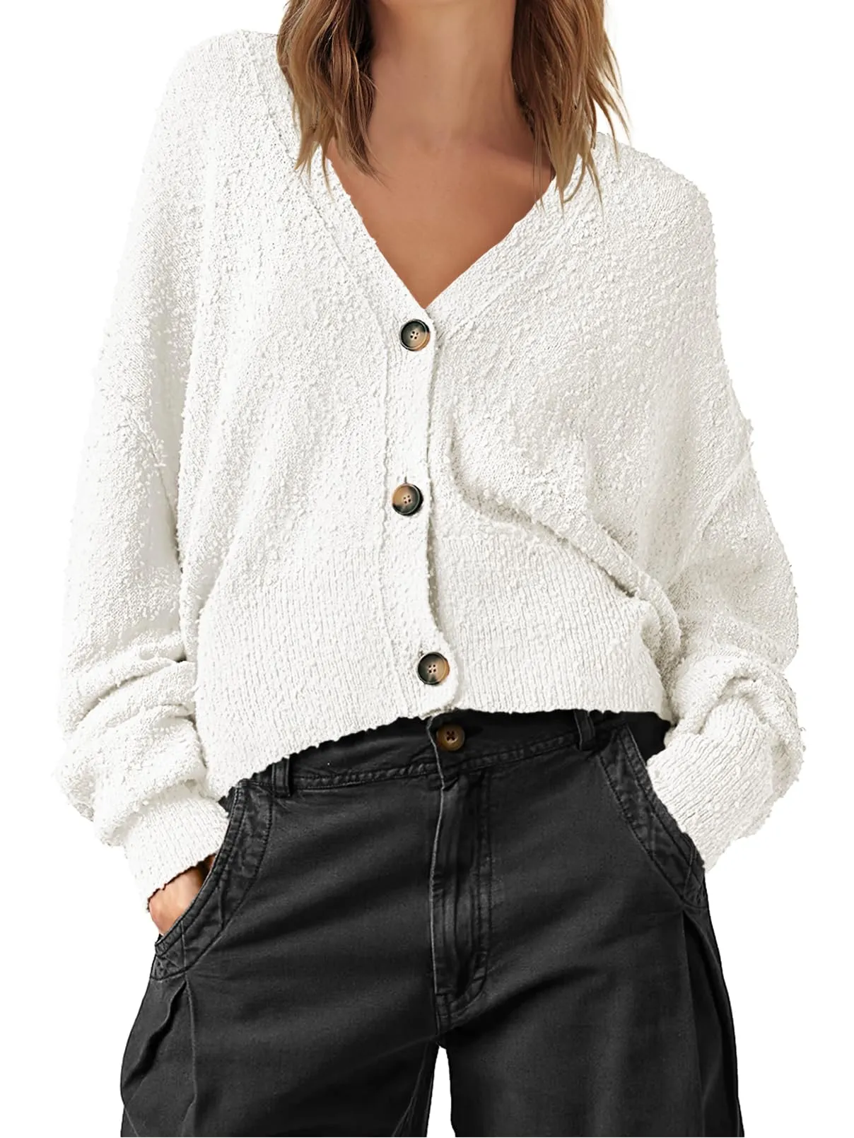 MEROKEETY Long Sleeve Button Open Front Cropped Sweater Cardigan