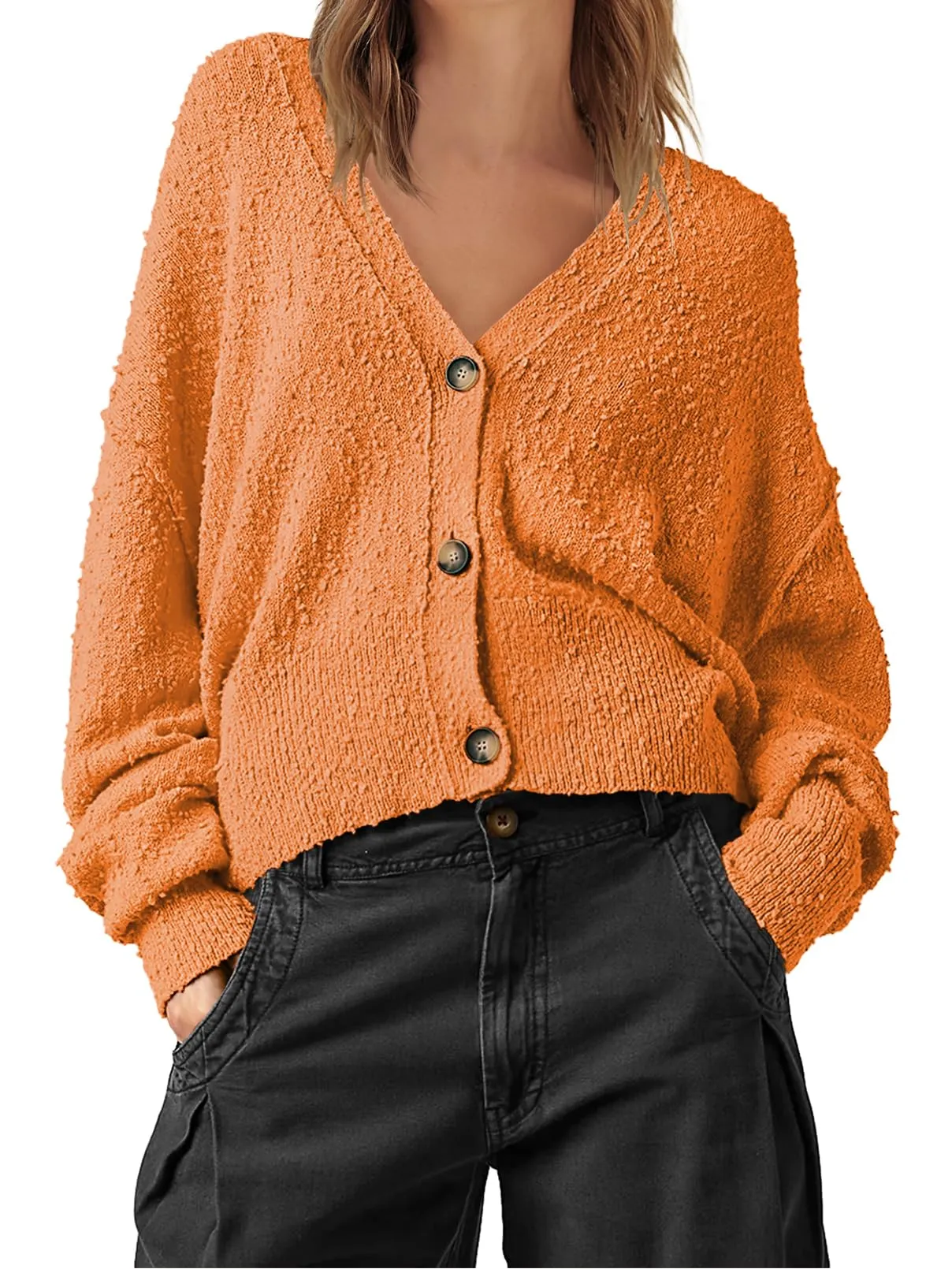 MEROKEETY Long Sleeve Button Open Front Cropped Sweater Cardigan